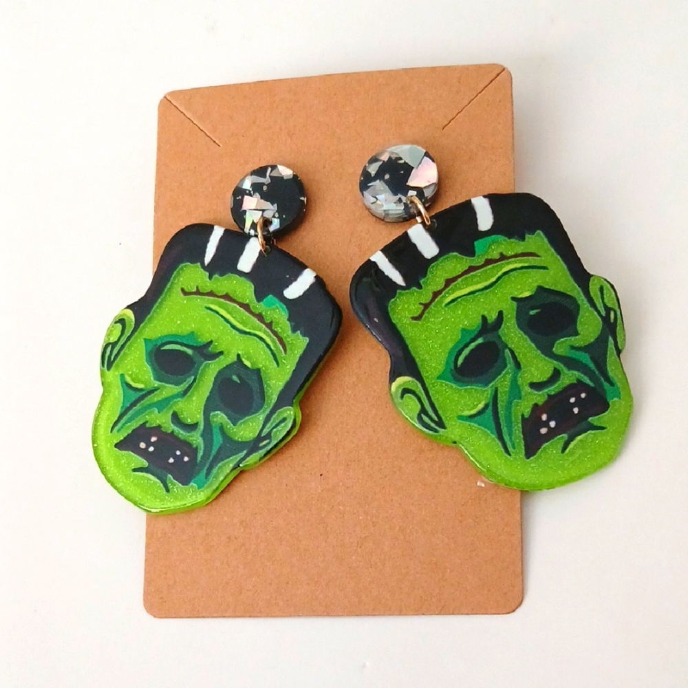 Fashion Jewelry Green and Black Frankenstein Earrings